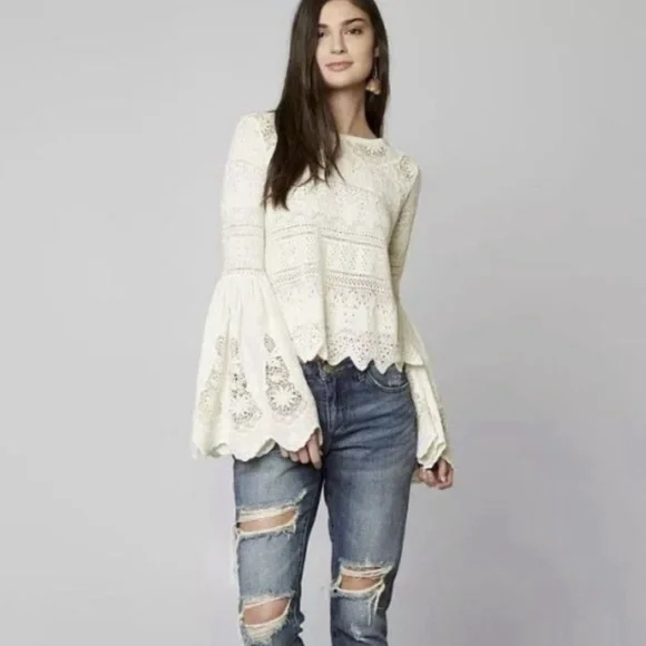 Free People Cream Crocheted Lace Bell Sleeve Top, Size XS Romantic Boho - Picture 2 of 15